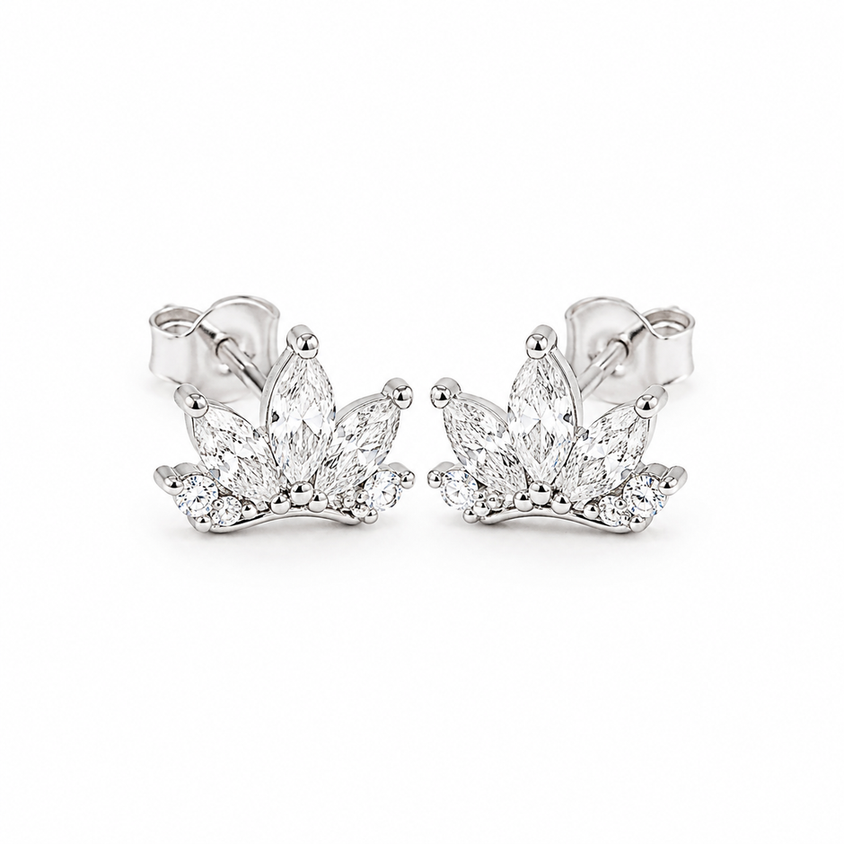 Noor Crown Zircon Silver Stud Earrings for women in Pakistan, white 925 sterling silver catalog view