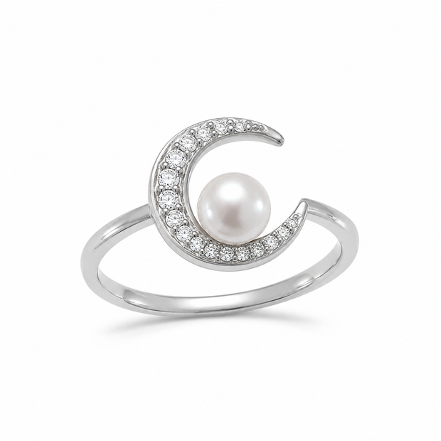 Noor Pearl Crescent Women Silver Ring in 925 sterling silver, white finish front three-quarter catalog view