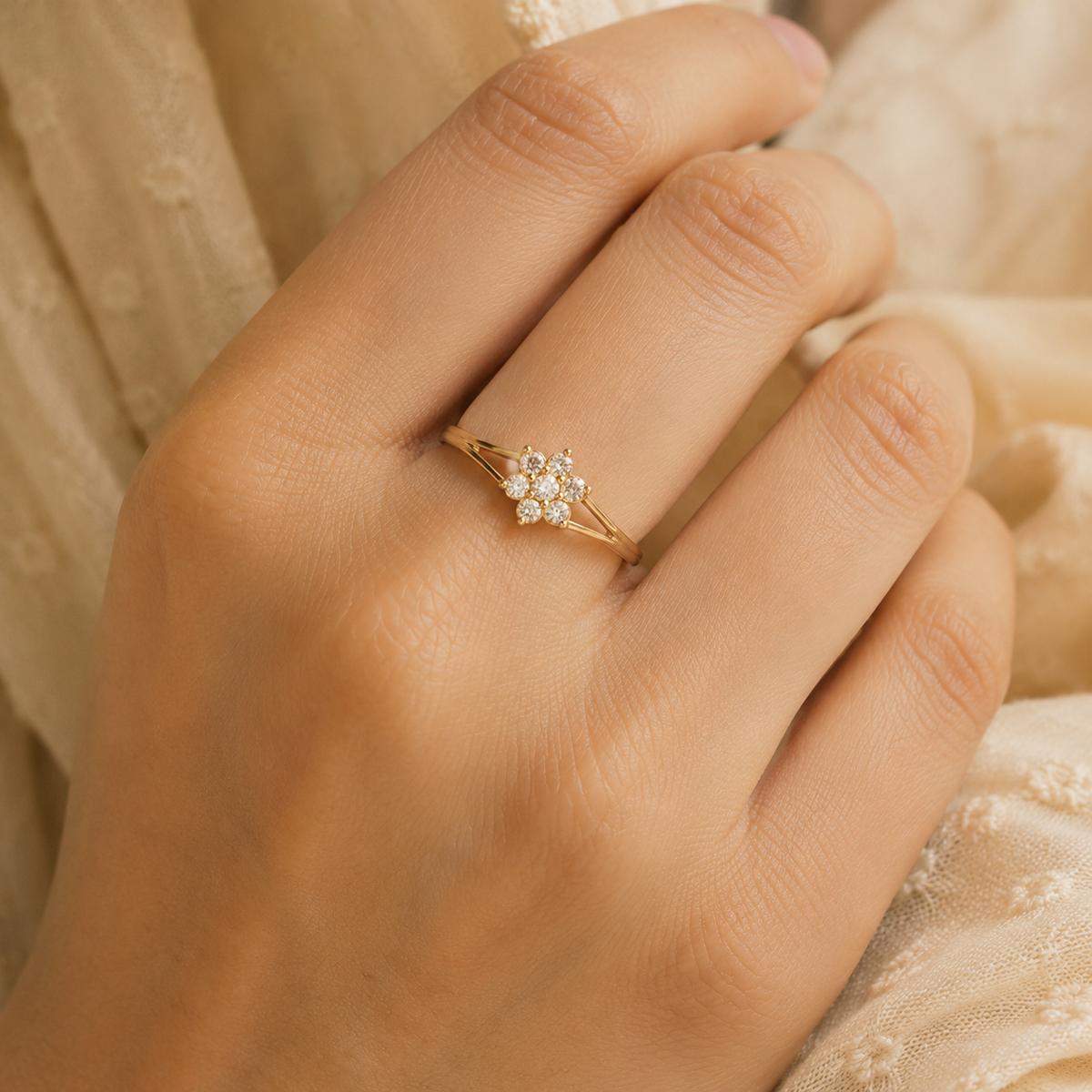 Petal Halo Cluster Ladies Gold Ring for women in Pakistan, yellow gold ring worn on a Pakistani woman's hand