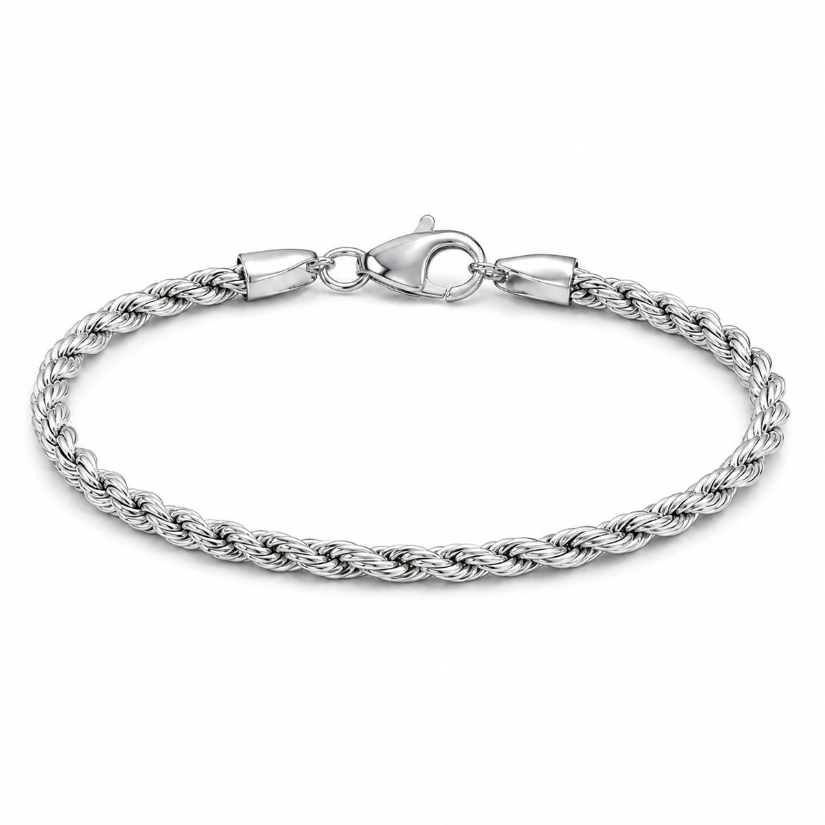 Rehan Rope men's 925 silver bracelet in white silver finish, front studio view