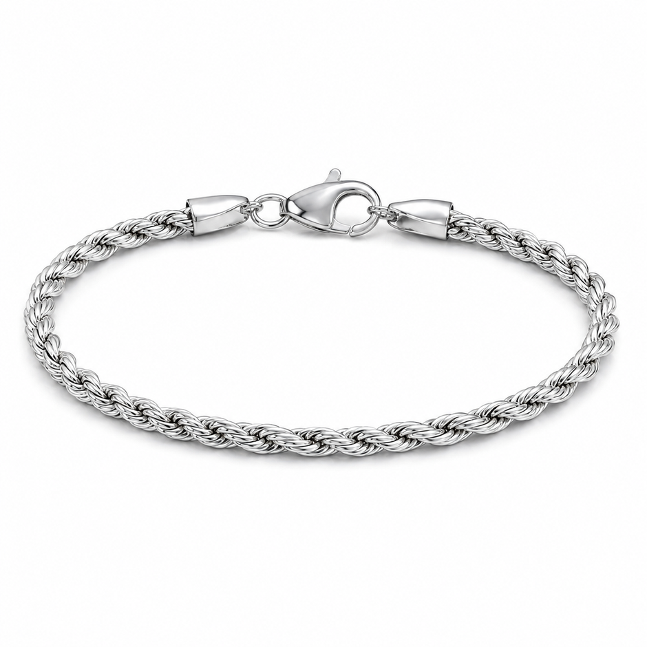 Rehan Rope men's 925 silver bracelet in white silver finish, front studio view