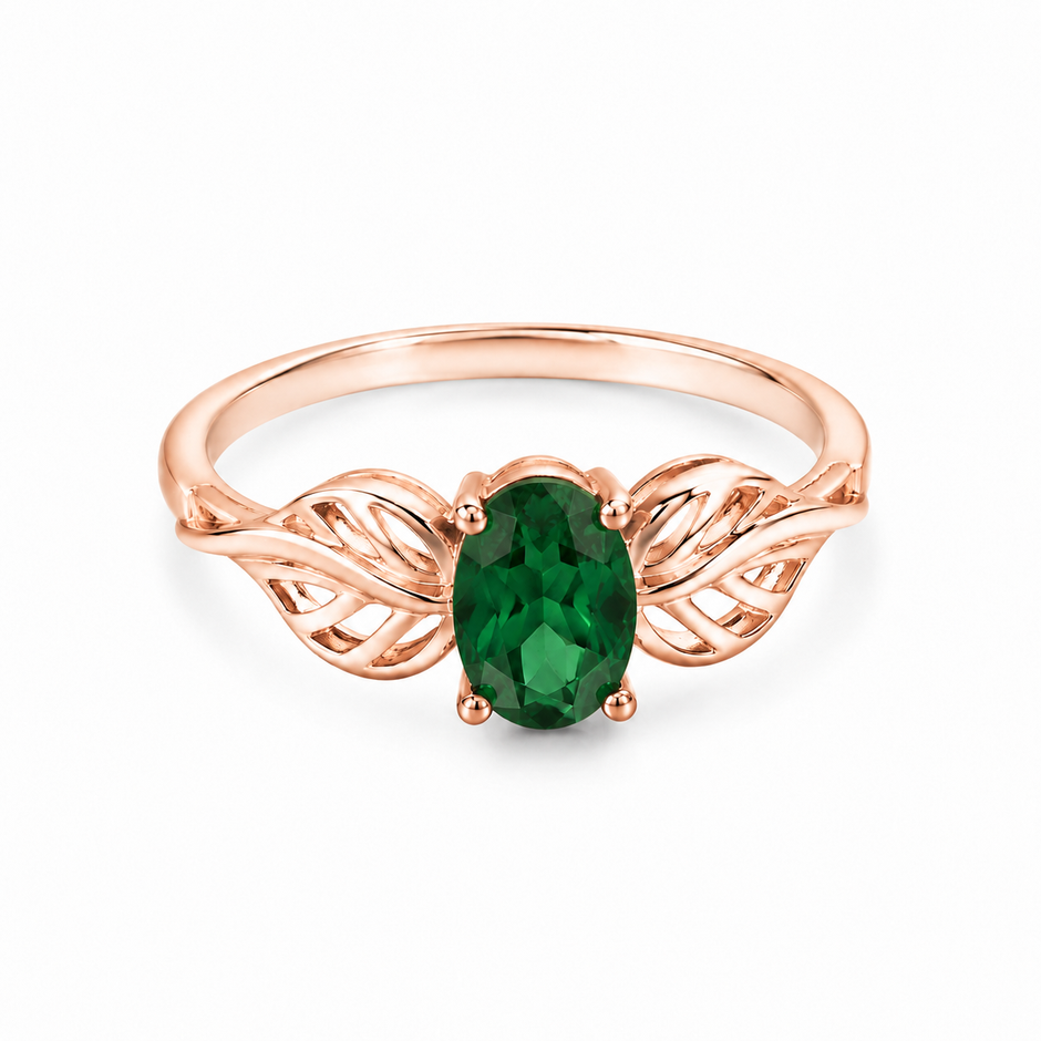 Saba Emerald Leaf Women Silver Ring in rose finish 925 sterling silver, exact studio catalog view