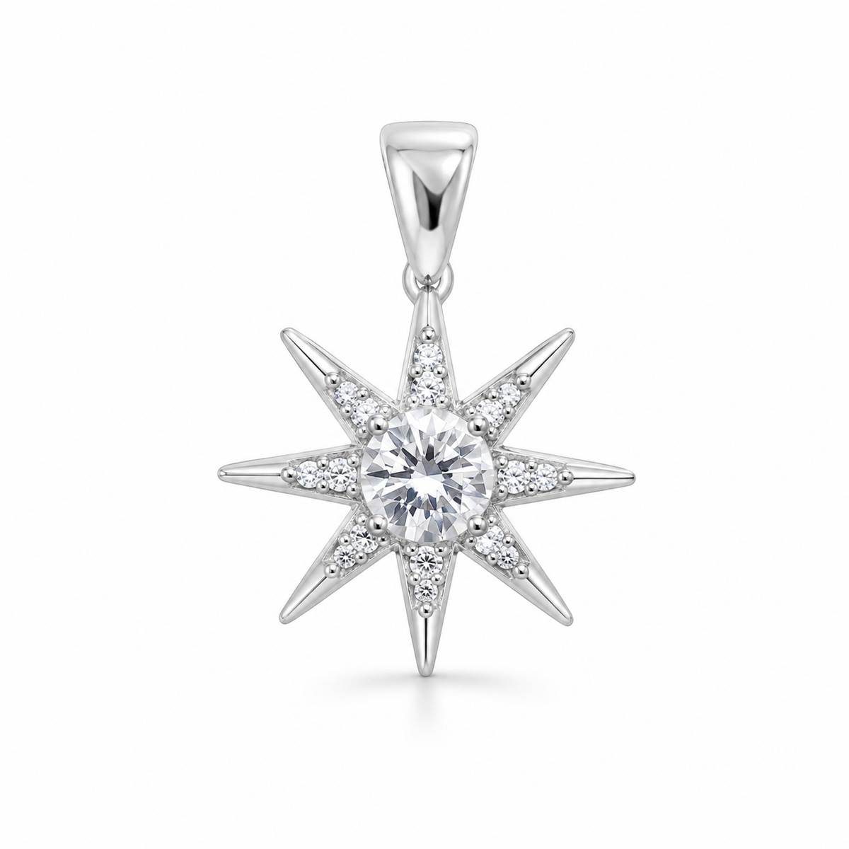 Sitara Starburst 925 silver pendant in white silver finish, front studio view
