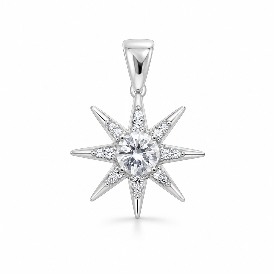 Sitara Starburst 925 silver pendant in white silver finish, front studio view